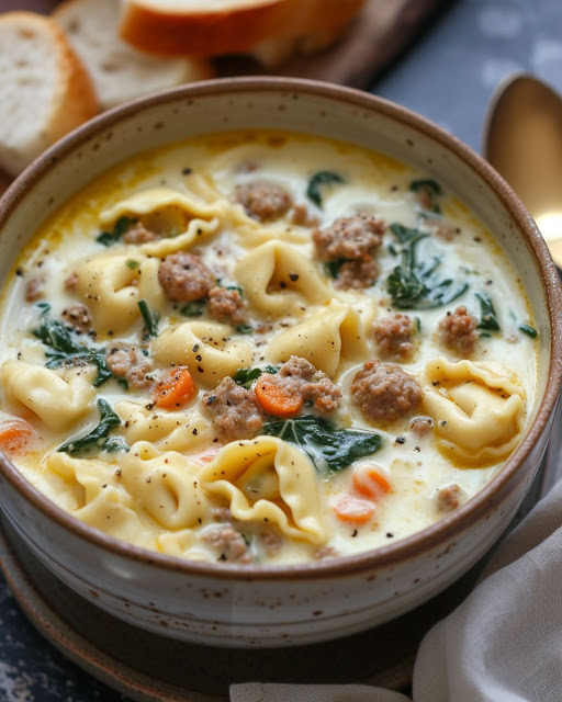 SLOW COOKER CREAMY SAUSAGE & TORTELLINI SOUP RECIPE