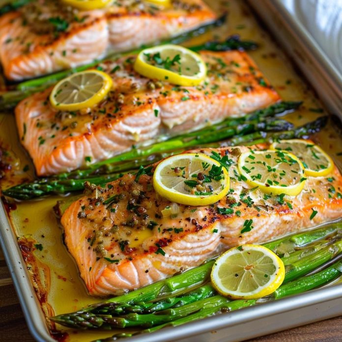 Baked Salmon with Asparagus, Lemon, Garlic and Butter Sauce