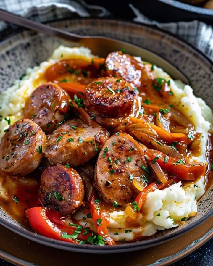 Saucisse italienne rustique avec poivrons et oignons sur purée de pommes de terre à l’ail