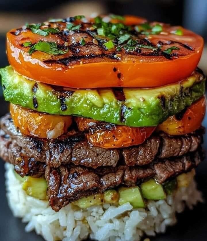 Grilled Beef Tomato Avocado Rice Stack