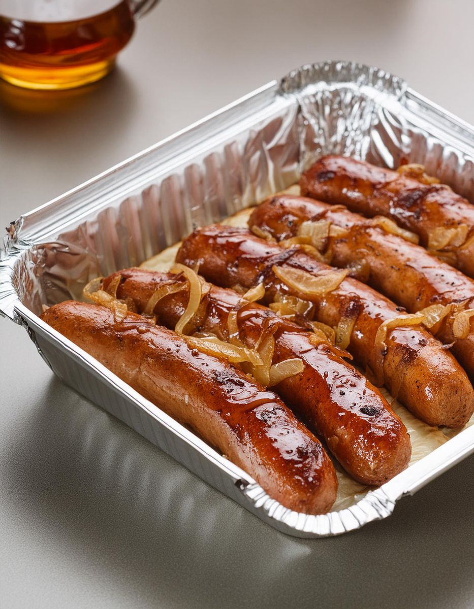 Oven Braised Beer Brats with Caramelized Onions