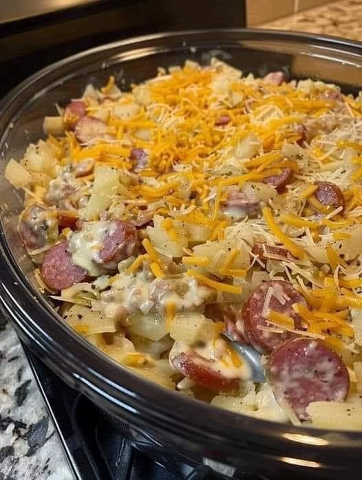 cheese,kielbasa and hash brown in the slow cooker