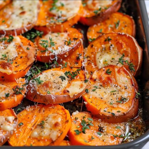 Roasted Sweet Potatoes with Garlic and Parmesan