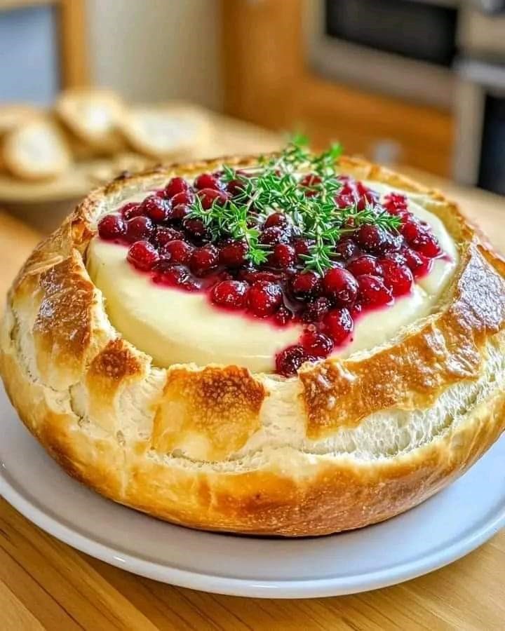 Rustic Brie Bread Bowl with Cranberries and Fresh Thyme