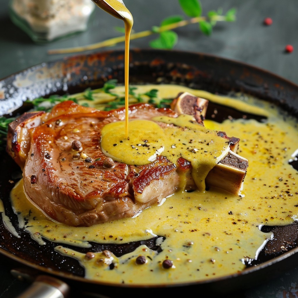 Pan-fried veal chop with rustic mustard sauce