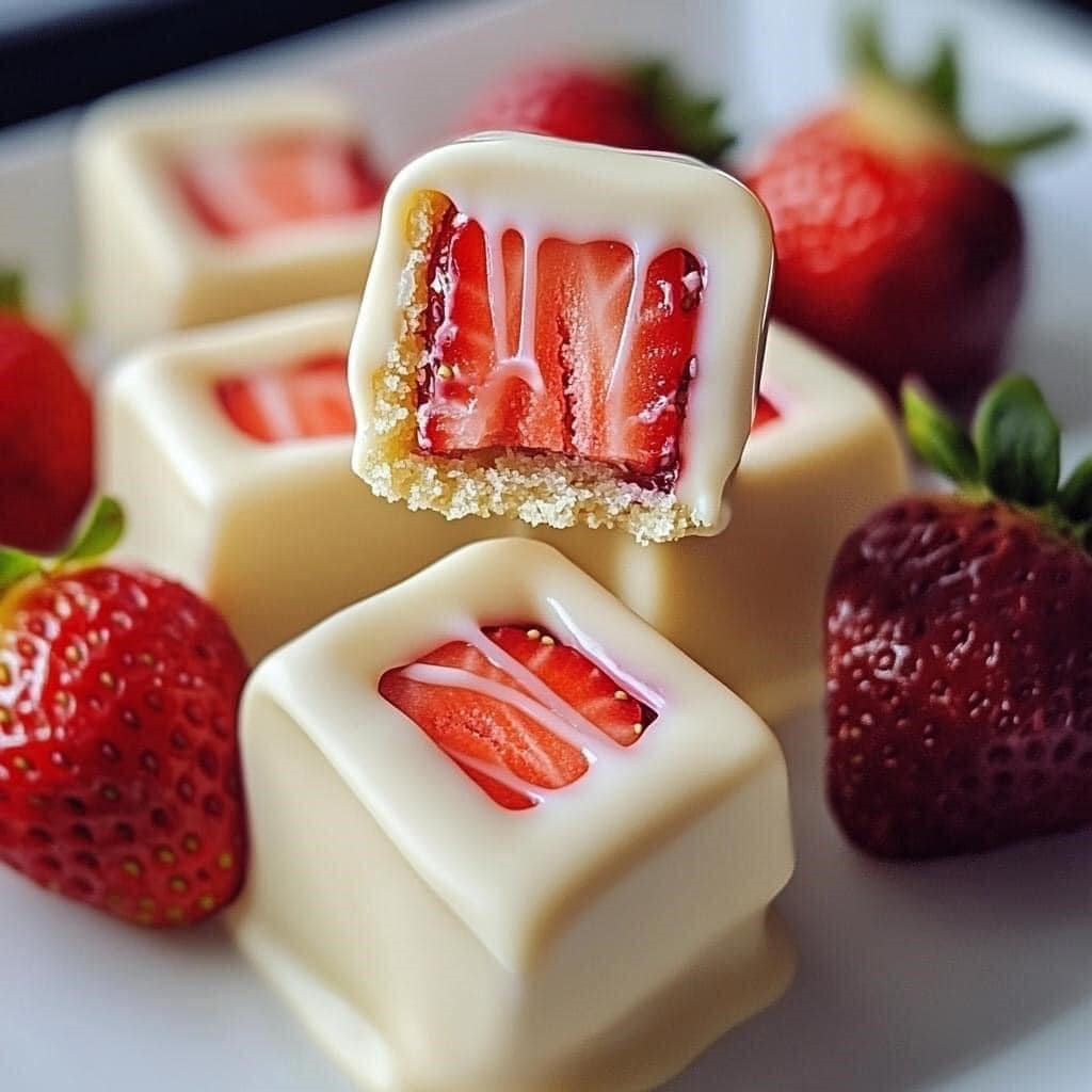 Strawberry Cheesecake Square Bites Dipped in White Chocolate 