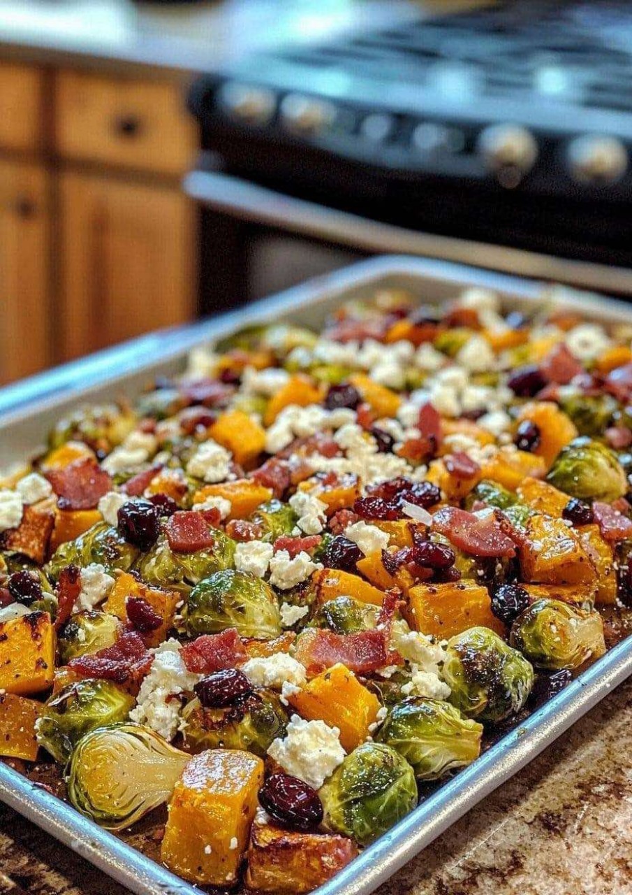 Roasted Brussels Sprouts and Butternut Squash with Bacon, Cranberries, and Feta