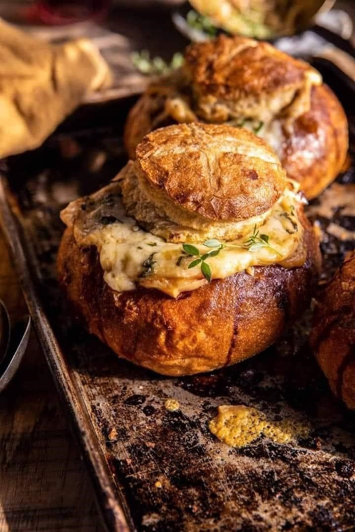 Creamy French Onion Soup Baked In Bread Bowls