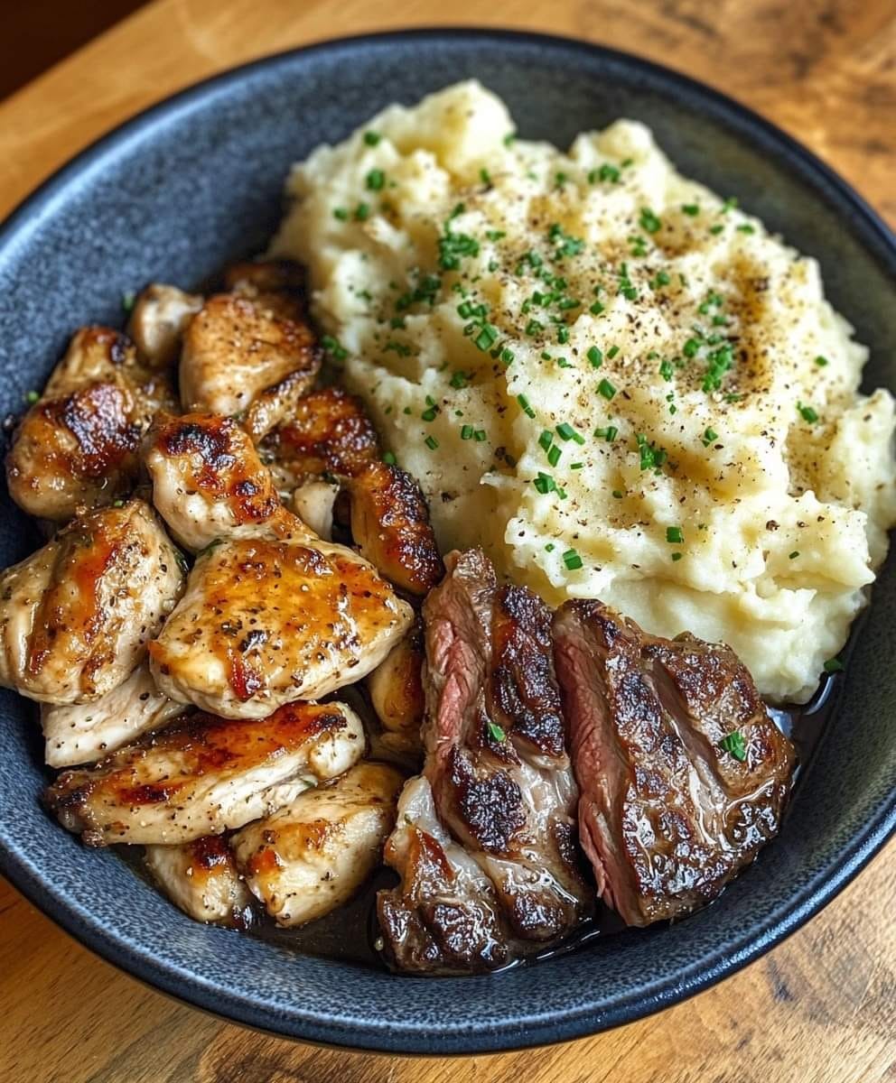 Slow Cooker Garlic Butter Chicken & Ribeye with Parmesan Mashed Potatoes Ingredients For the Garlic Butter Chicken & Ribeye: