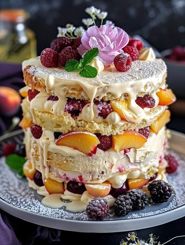 Peach and Raspberry Cake with Cream Cheese Frosting