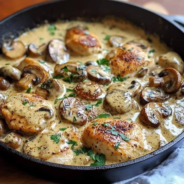 Skillet Chicken with Mushrooms in Asiago Sauce