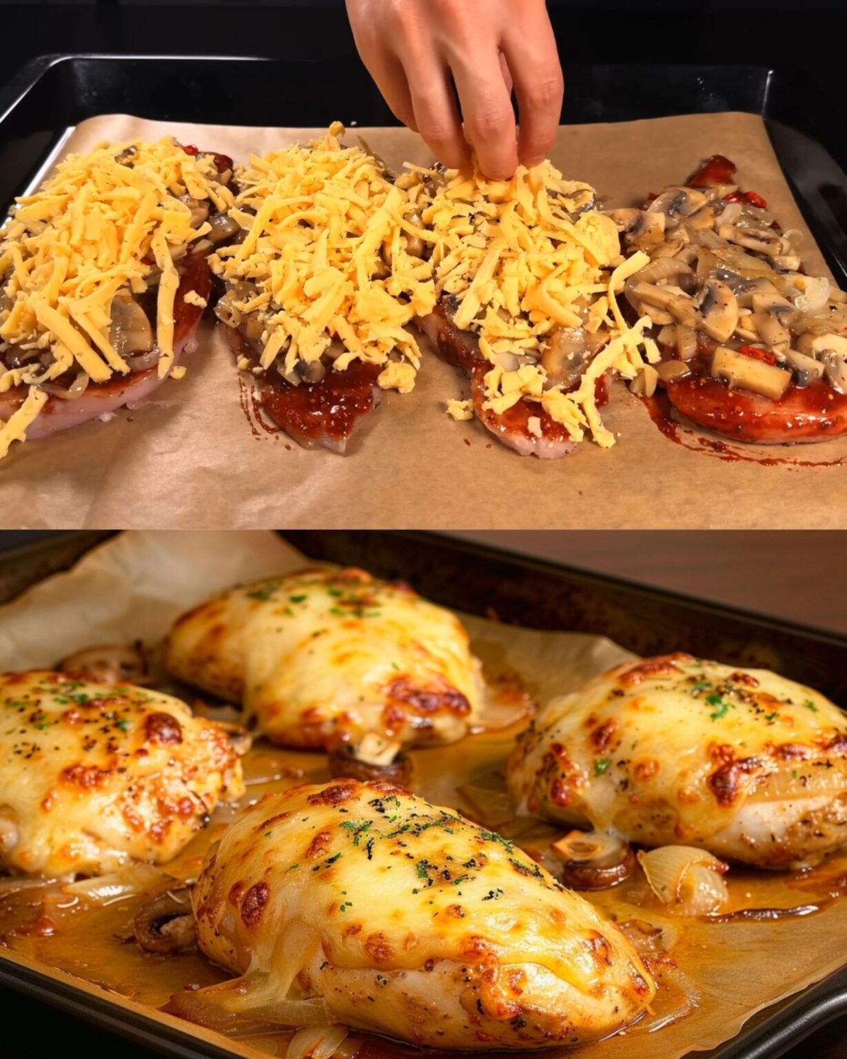 Chicken Fillet with Mushrooms, Onions, and Cheese in the Oven